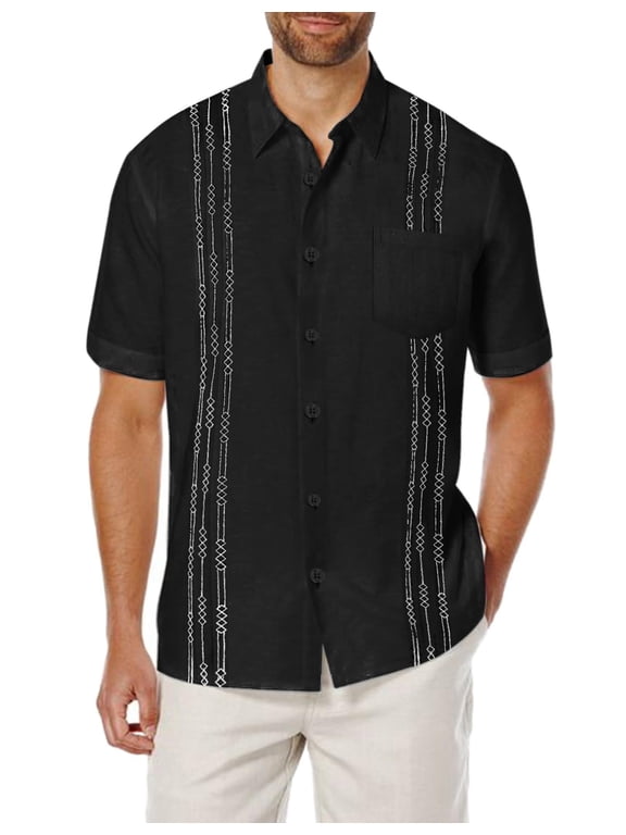 Mens Summer Cotton Linen Shirt Short Sleeve Guayabera Shirts with Pocket