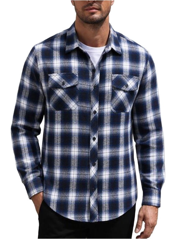 Flannel Shirts for Men Long Sleeve Plaid Button Down Shirt Lghtweight Cotton Casual Work Shirts with Pockets