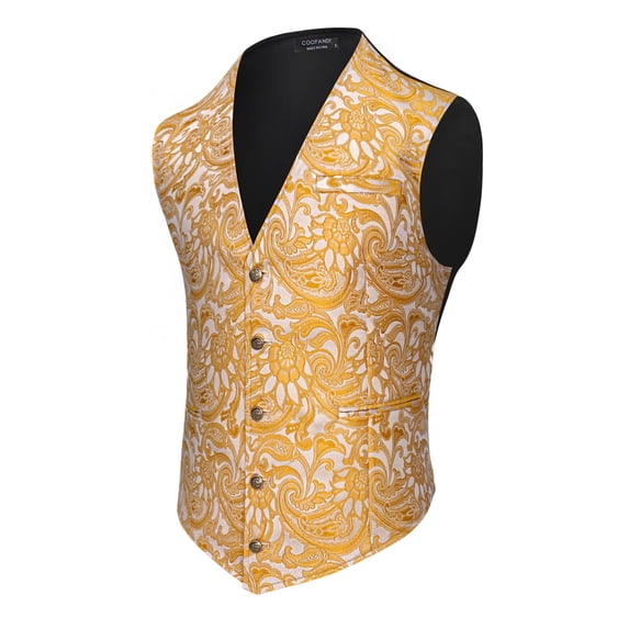 COOFANDY Gold Halloween Vest for Men Paisley Jacquard V-Neck Tuxedo Suit Vests Single Breasted Gothic Steampunk Waistcoat