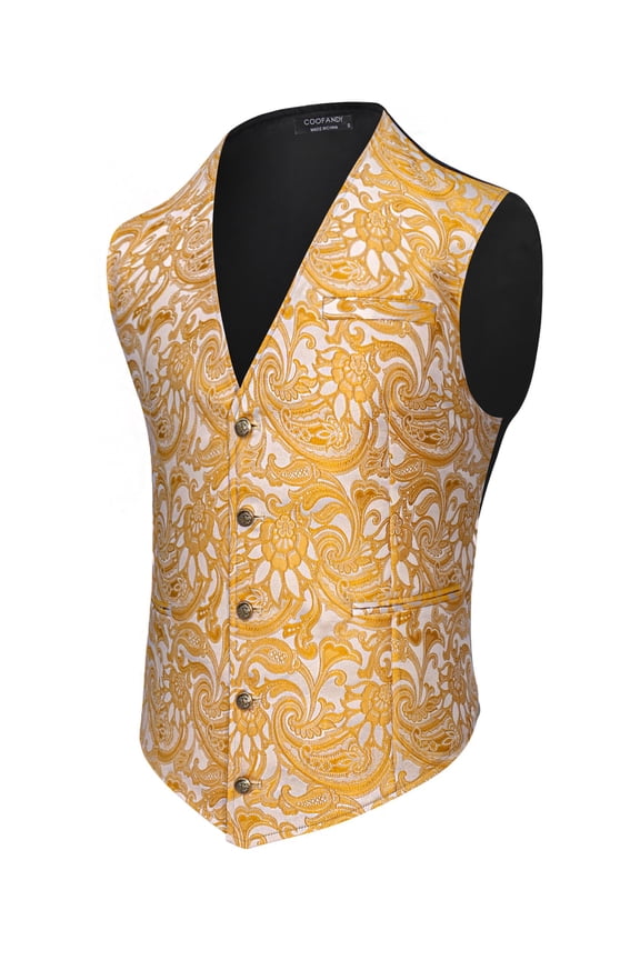 Gold Halloween Vest for Men Paisley Jacquard V-Neck Tuxedo Suit Vests Single Breasted Gothic Steampunk Waistcoat