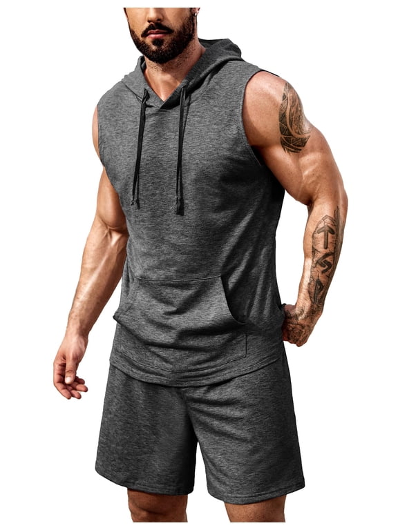 Gym Hooded Tank Tops for Men Athletic Short Sets 2 Piece Outfits Sleeveless Hoodies
