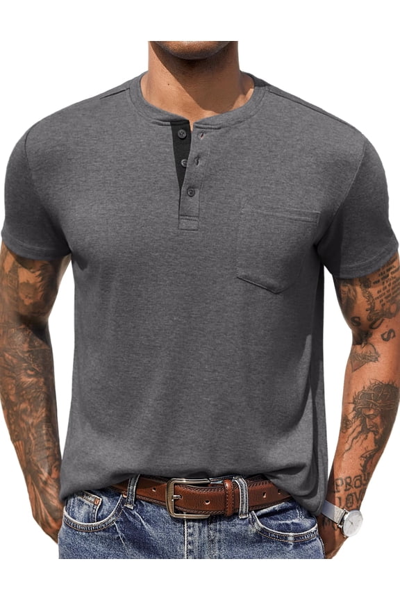 Henley Shirts for Men Pocket Button Down Basic Tee Tops Golf Casual T Shirts Gray