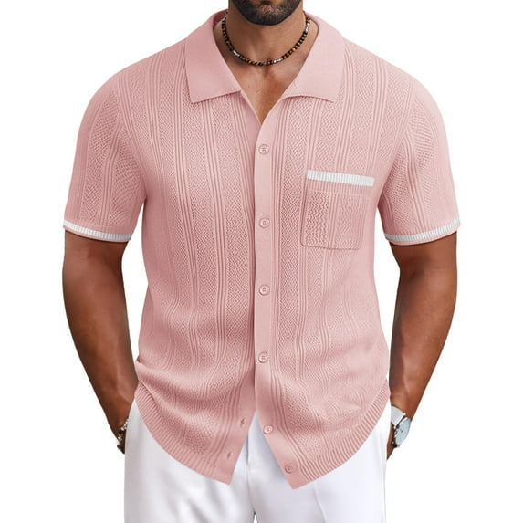 COOFANDY Beach Shirts for Men Vintage Knit Button Down Short Sleeve Polo Shirt Casual Summer