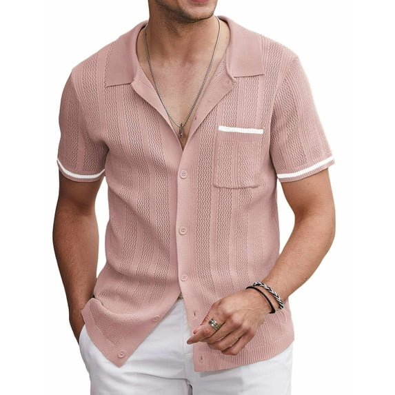 COOFANDY Knit Shirts for Men Casual Short Sleeve Button Down Shirts Summer Beach Stretch Fit Collared Shirts