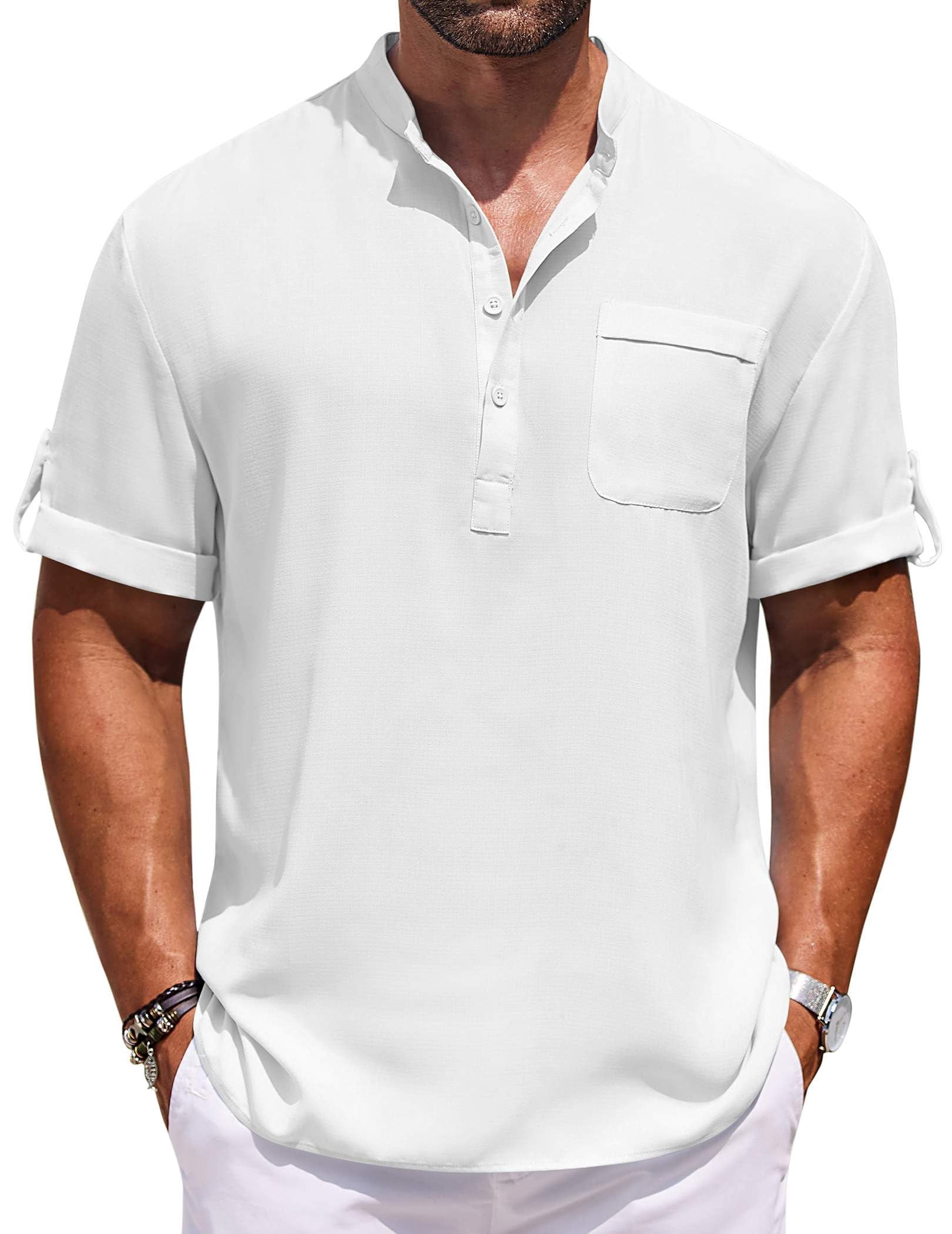 COOFANDY Linen Shirts for Men Casual Short Sleeve Henley Shirt Band ...