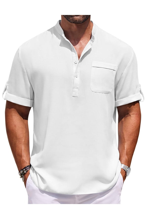 Linen Shirts for Men Casual Short Sleeve Henley Shirt Band Collar Big and Tall Shirts Fashion Beach Shirts