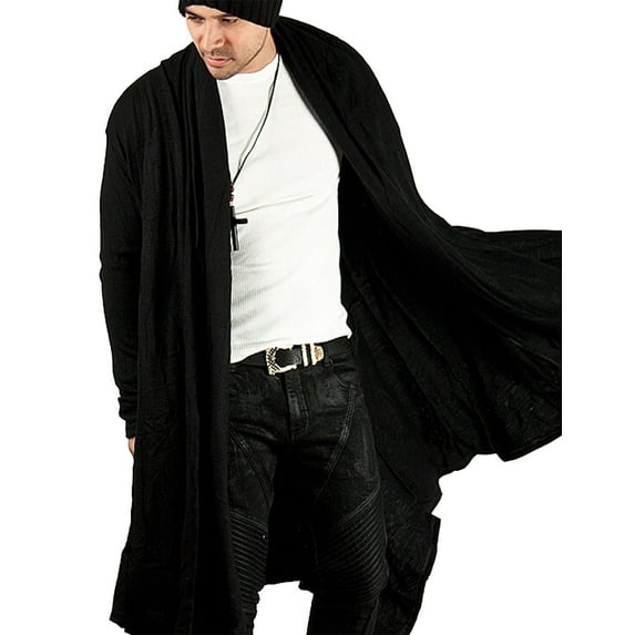 COOFANDY Long Hooded Cardigan Ruffle Shawl Collar Open Front Lightweight Drape Cape Overcoat with Pockets