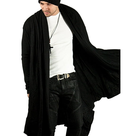 COOFANDY Men's Long Hooded Cardigan - Ruffle Shawl Collar Open Front Lightweight Drape Cape Overcoat with Pockets