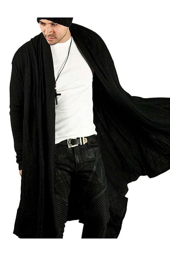 Men's Long Hooded Cardigan - Ruffle Shawl Collar Open Front Lightweight Drape Cape Overcoat with Pockets