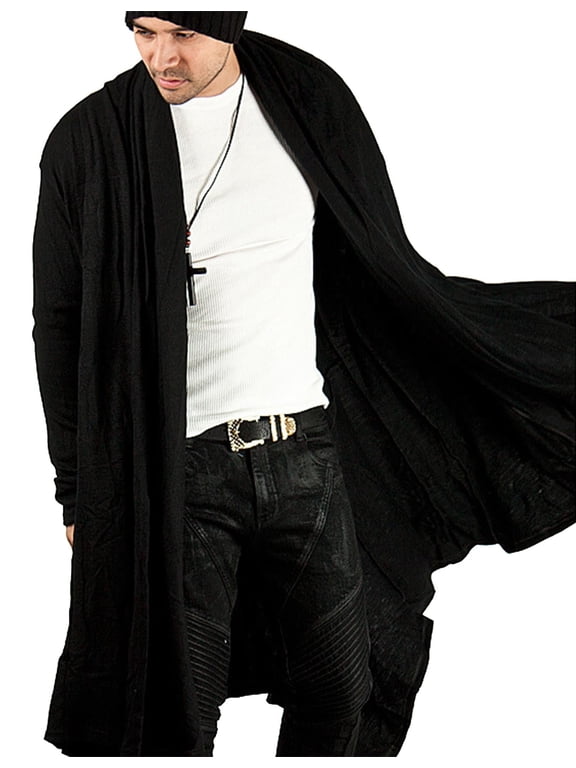 Long Hooded Cardigan Ruffle Shawl Collar Open Front Lightweight Drape Cape Overcoat with Pockets