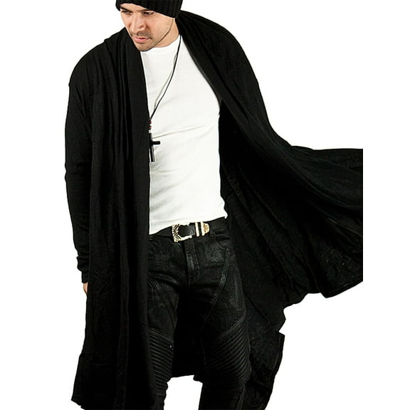 COOFANDY Men's Long Hooded Cardigan - Ruffle Shawl Collar Open Front Lightweight Drape Cape Overcoat with Pockets