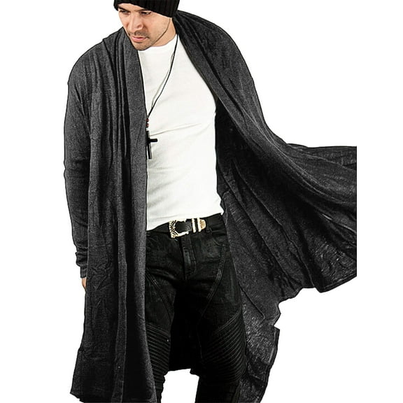 COOFANDY Men's Long Hooded Cardigan - Ruffle Shawl Collar Open Front Lightweight Drape Cape Overcoat with Pockets