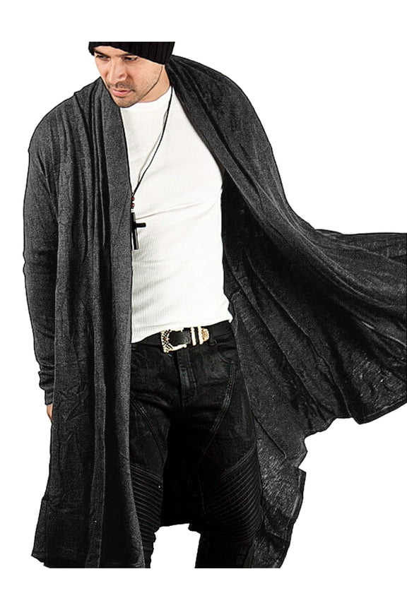 Men's Long Hooded Cardigan - Ruffle Shawl Collar Open Front Lightweight Drape Cape Overcoat with Pockets