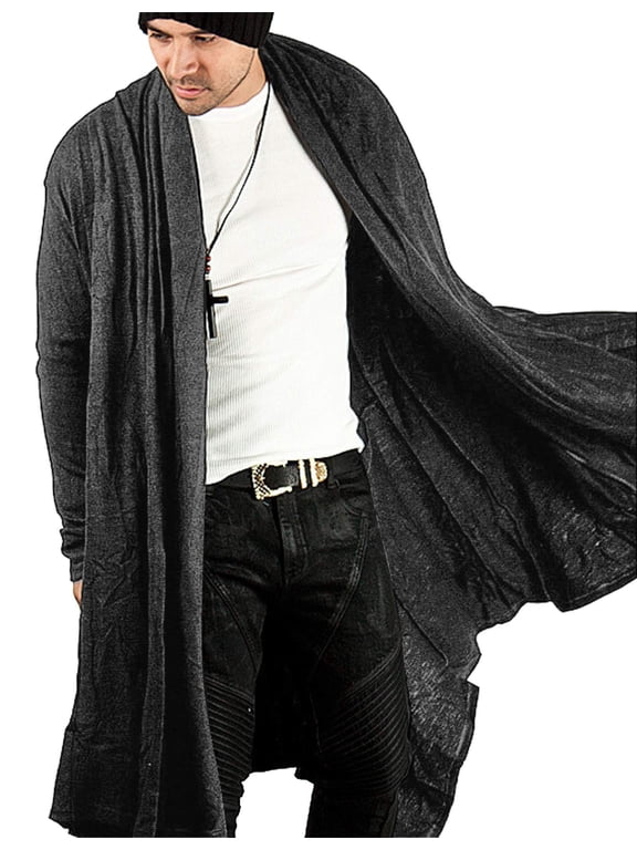 Long Hooded Cardigan Ruffle Shawl Collar Open Front Lightweight Drape Cape Overcoat with Pockets