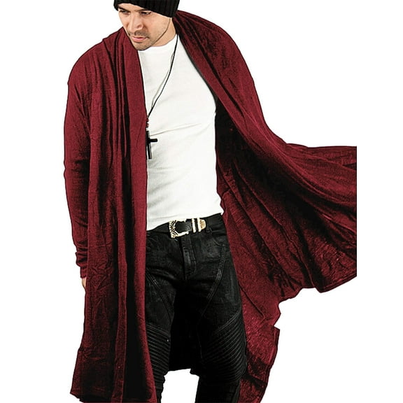 COOFANDY Men's Long Hooded Cardigan - Ruffle Shawl Collar Open Front Lightweight Drape Cape Overcoat with Pockets