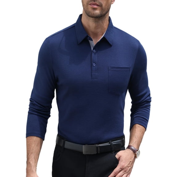 COOFANDY Long Sleeve Polo Shirts for Men Casual Dress Button Golf Tennis Collared Shirt with Pocket, Basic Lightweight Dry Fit Shirt for Work Travel