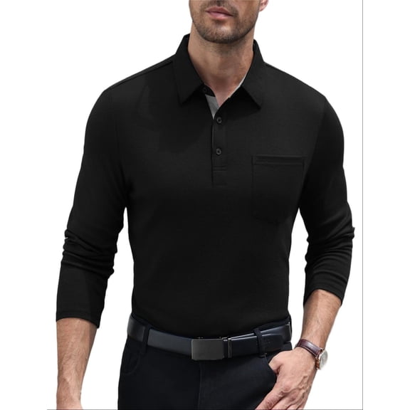 COOFANDY Long Sleeve Polo Shirts for Men Casual Dress Button Golf Tennis Collared Shirt with Pocket, Basic Lightweight Dry Fit Shirt for Work Travel