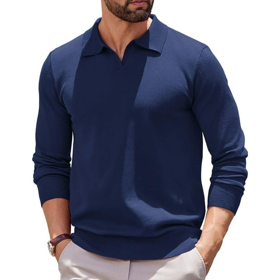 COOFANDY Long Sleeve Polo Shirts for Men Knit Polo Sweater Lightweight Ribbed Pullover Sweater
