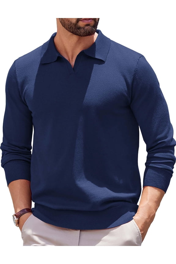 Long Sleeve Polo Shirts for Men Knit Polo Sweater Lightweight Ribbed Pullover Sweater