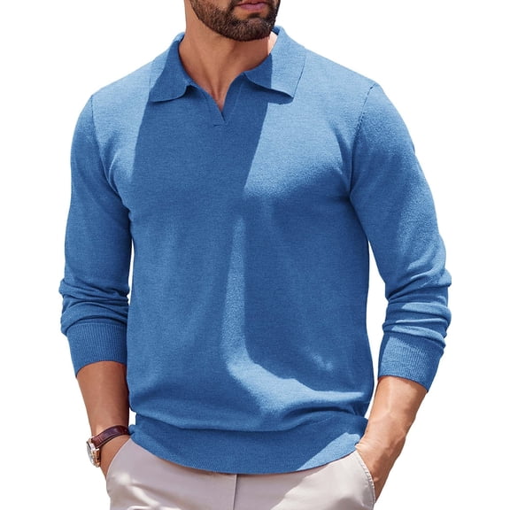 COOFANDY Long Sleeve Polo Shirts for Men Knit Polo Sweater Lightweight Ribbed Pullover Sweater