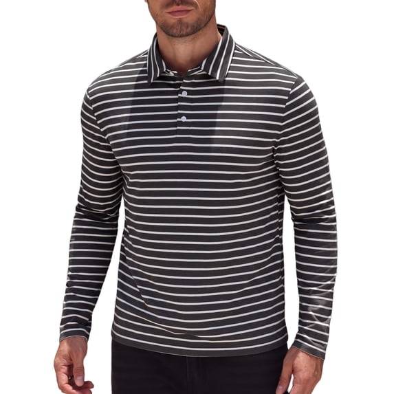 COOFANDY Long Sleeve Rugby Polo Shirts for Men, Sports Striped Regular Moisture Wicking Dry Fit Golf Shirt, Sizes S-2XL