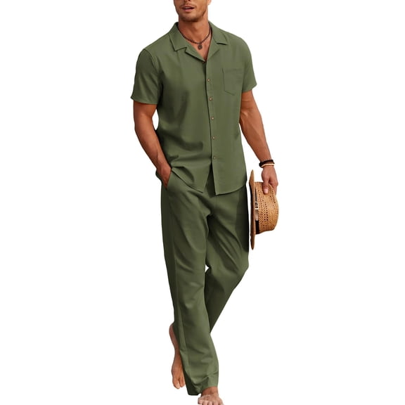 COOFANDY Men's 2 Piece Casual Linen Outfit - Beach Button Down Shirt & Loose Pant Sets