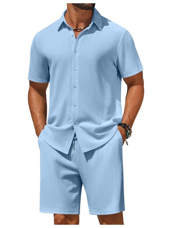 Men' 2 Piece Outfit Casual Short Sleeve Button Down Shirt and Beach Shorts Set Summer Vacation Outfits for Men