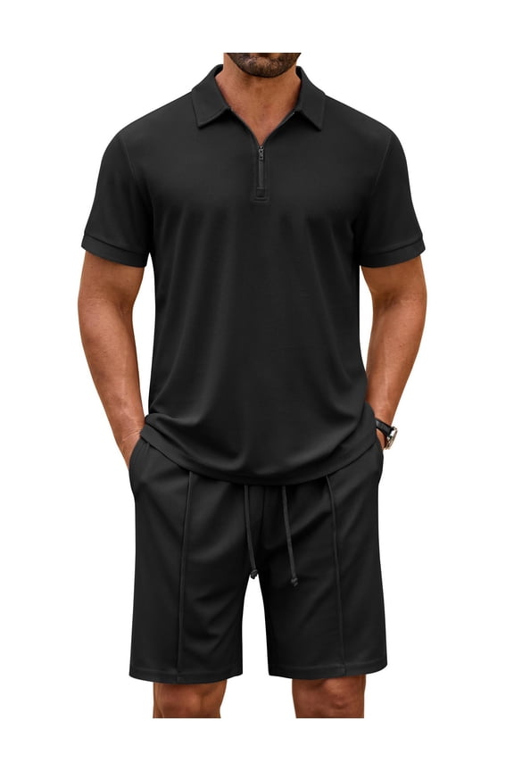 Men' 2 Piece Tracksuit Outfits Polo Shirt and Shorts Set Quarter Zip Shirt and Elastic Waist Shorts Summer Causal