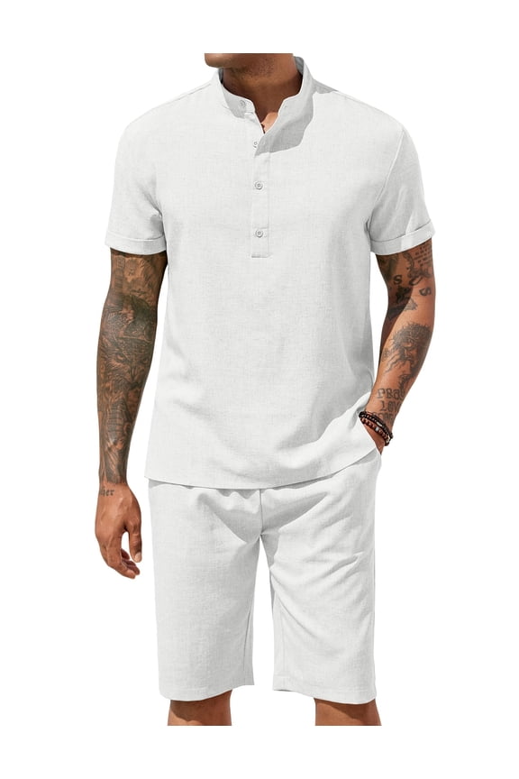 Men 2 Pieces Linen Pants Sets White Linen Pant and Shirt Short Sleeve Summer Beach Vacation Outfits