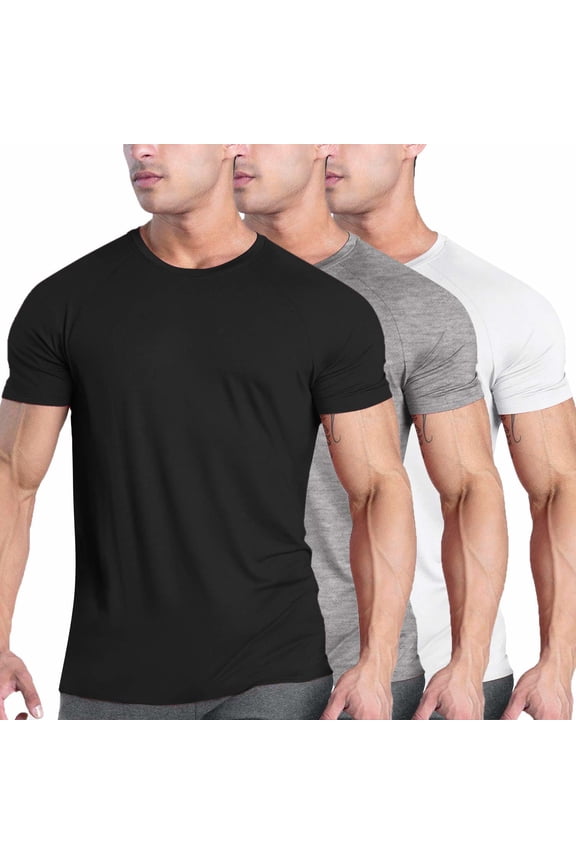 Men's 3 Pack Workout T Shirts Short Sleeve Gym Bodybuilding Muscle Shirts Base Layer Fitness Tee Tops