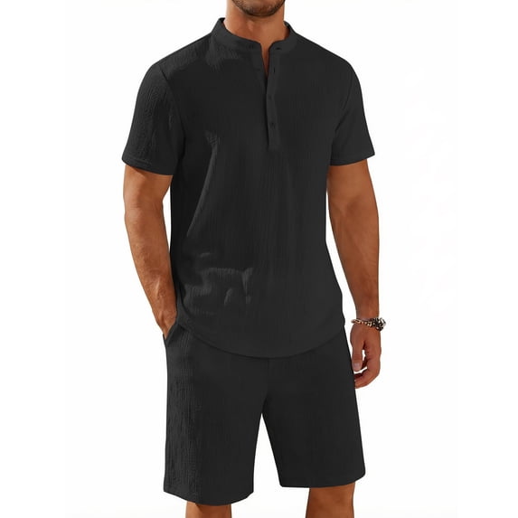 COOFANDY Men' Beach Outfits 2 Piece Casual Sets Textured Henley Shirt Elastic Drawstring Shorts