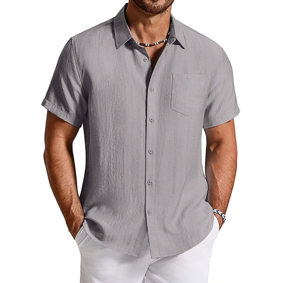 COOFANDY Men' Beach Wedding Shirt Casual Short Sleeve Linen Shirts Button Up Shirt with Pocket