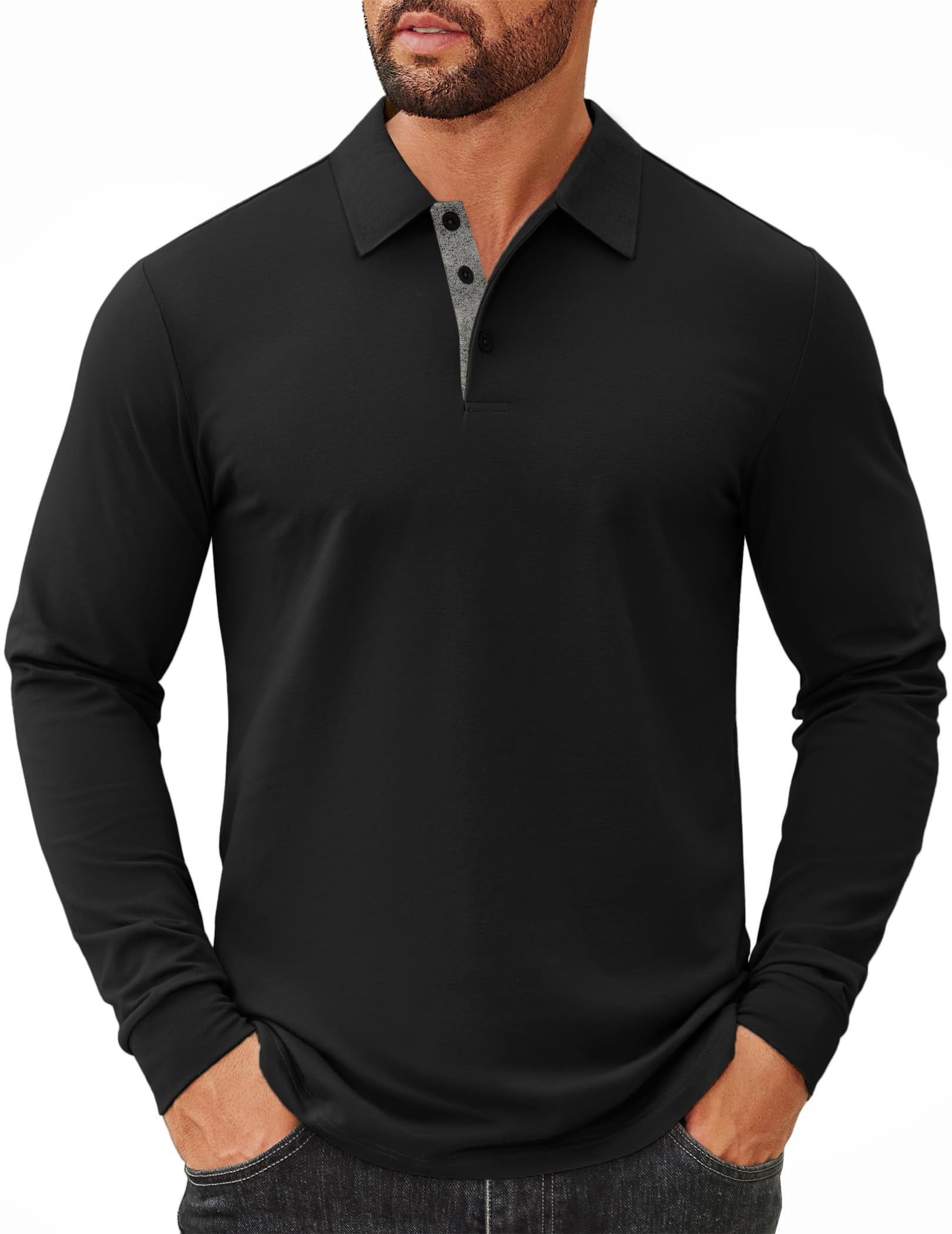 COOFANDY Men' Black Polo Shirts Casual Long Sleeve Cotton T-Shirts ...