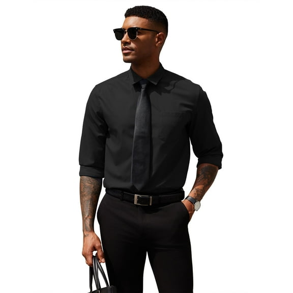 COOFANDY Men Button Down Dress Shirts Long Sleeve Formal Shirt Untucked Polyester Shirt Black XXL