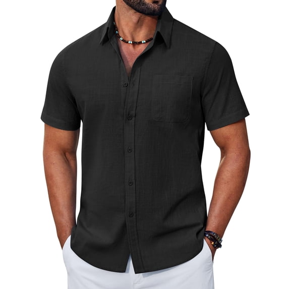 COOFANDY Men' Button Down Shirts Short Sleeve Shirts for Men Linen Textured Cotton Shirt