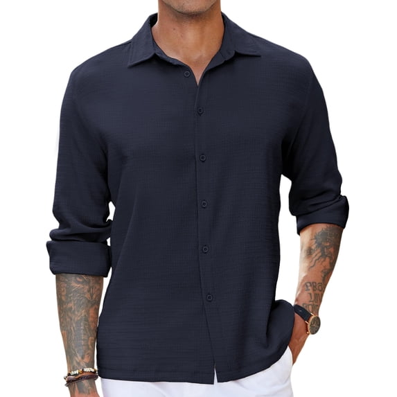 COOFANDY Men' Button Up Long Sleeve No Tuck Shirt Wrinkle Free Textured Casual Camp Shirt