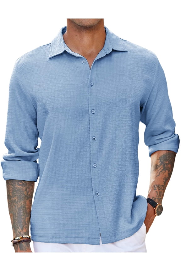 Men' Button Up Long Sleeve No Tuck Shirt Wrinkle Free Textured Casual Camp Shirt