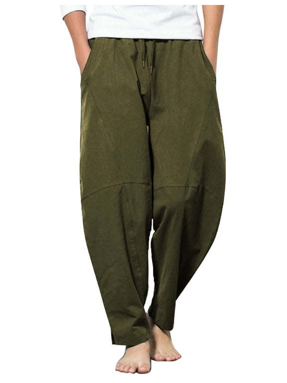 Men's Baggy Capri Trousers Drawstring Vacation Linen Beach Pants Summer