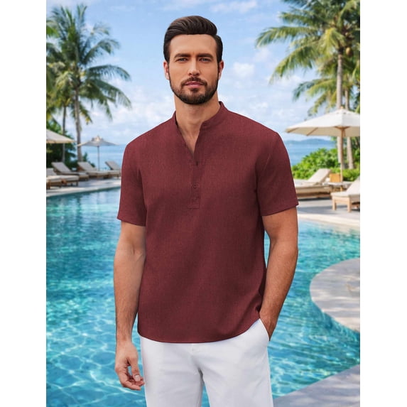 COOFANDY Men' Casual Henley Shirt Band Collar Short Sleeve Linen Shirt Summer Shirts for Men