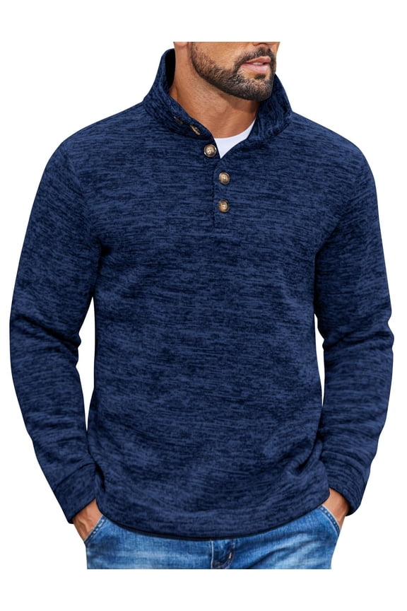 Men's Slim Fit Pullover Sweaters Stand Collar Long Sleeve Casual Polo Sweatshirt with Quarter Button Up