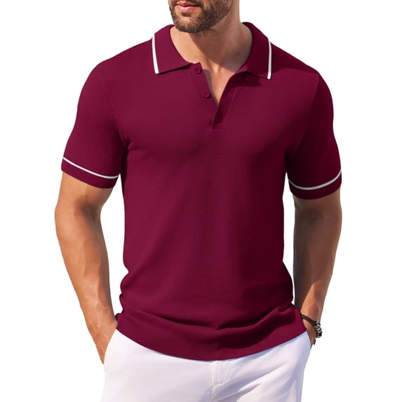 COOFANDY Men Casual Knit Waffle Polo Shirts Short Sleeve Button Down Striped Polo T Shirts Slim Fit Shirts
