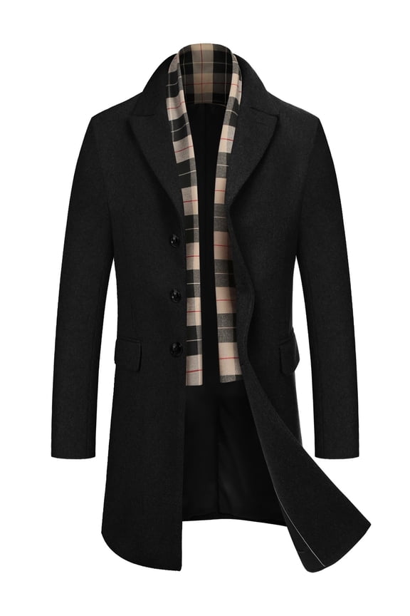 Men's Detachable Plaid Scarfs Wool Blend Coat - Notched Collar Single Breasted Pea Trench Overcoat
