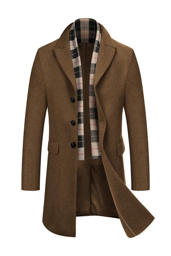 Men's Detachable Plaid Scarfs Wool Blend Coat - Notched Collar Single Breasted Pea Trench Overcoat