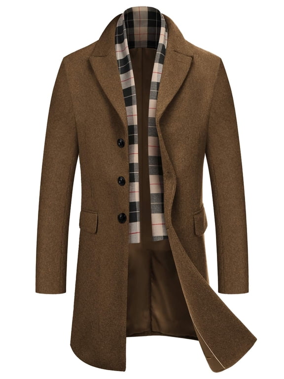 Men's Detachable Plaid Scarfs Wool Blend Coat - Notched Collar Single Breasted Pea Trench Overcoat