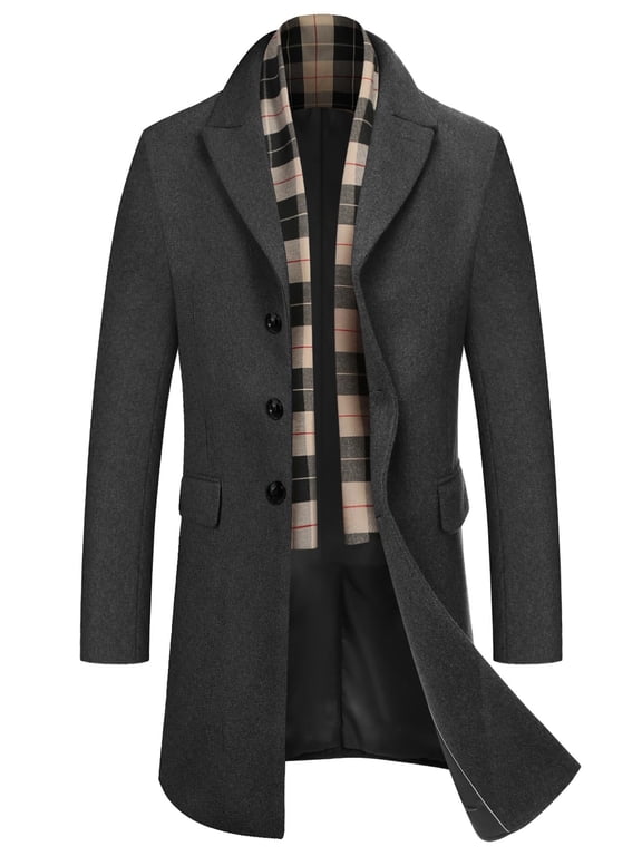 Men's Detachable Plaid Scarfs Wool Blend Coat - Notched Collar Single Breasted Pea Trench Overcoat