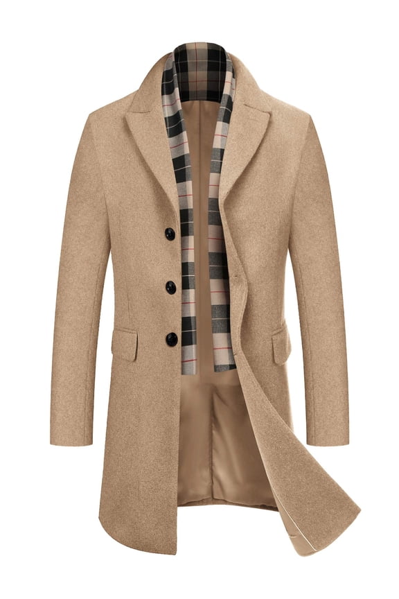 Men's Detachable Plaid Scarfs Wool Blend Coat - Notched Collar Single Breasted Pea Trench Overcoat