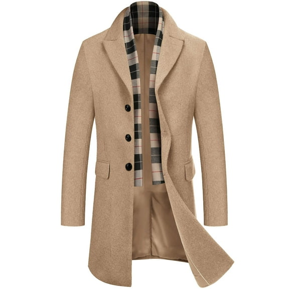 COOFANDY Men's Detachable Plaid Scarfs Wool Blend Coat - Notched Collar Single Breasted Pea Trench Overcoat
