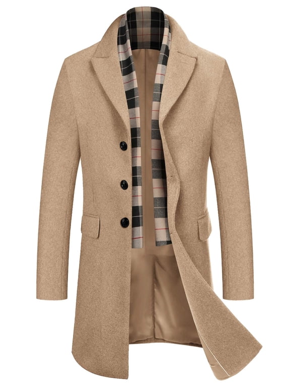 Men's Detachable Plaid Scarfs Wool Blend Coat - Notched Collar Single Breasted Pea Trench Overcoat