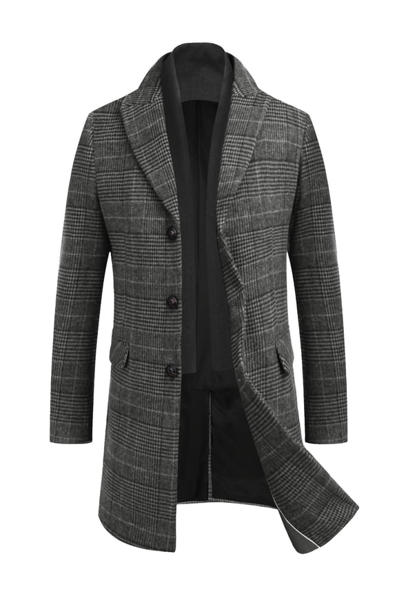 Men's Detachable Plaid Scarfs Wool Blend Coat - Notched Collar Single Breasted Pea Trench Overcoat