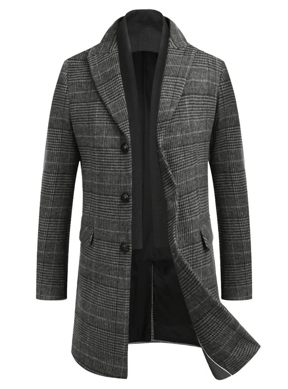 Men's Detachable Plaid Scarfs Wool Blend Coat - Notched Collar Single Breasted Pea Trench Overcoat